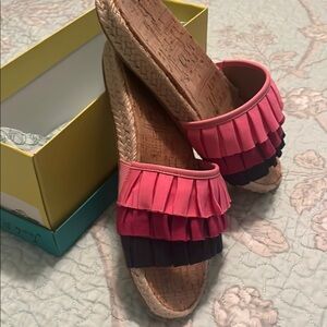 Jack Rogers Pink and Black Ruffle Flynn Slide Sandals